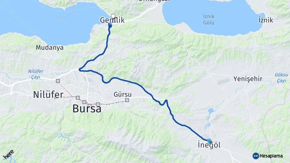 Bursa İnegöl Gemlik Arası Kaç Km - Yol Haritası