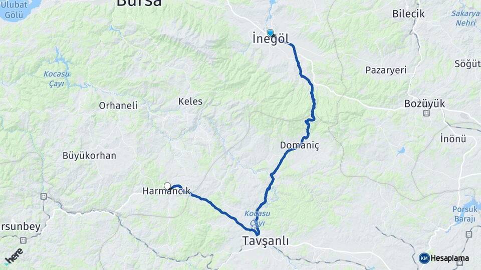 Bursa İnegöl Harmancık Arası Kaç Km - Yol Haritası