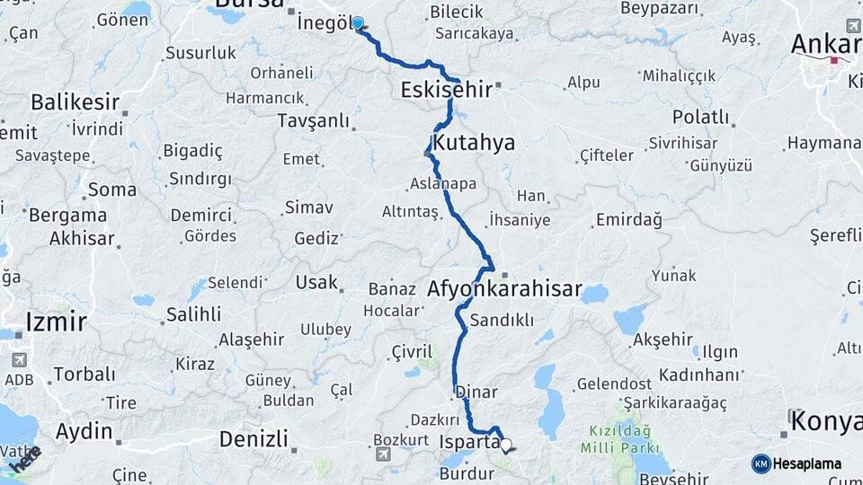 Bursa İnegöl Isparta Arası Kaç Km - Yol Haritası