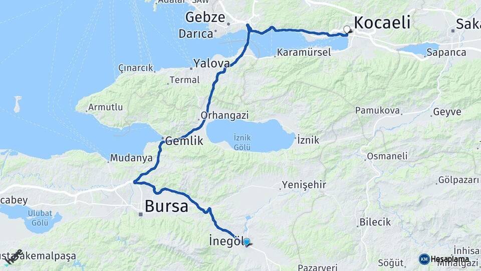 Bursa İnegöl İzmit Kocaeli Arası Kaç Km - Yol Haritası