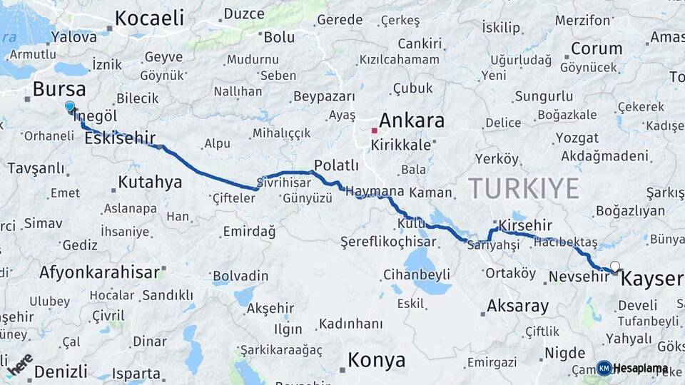 Bursa İnegöl Kayseri Arası Kaç Km - Yol Haritası