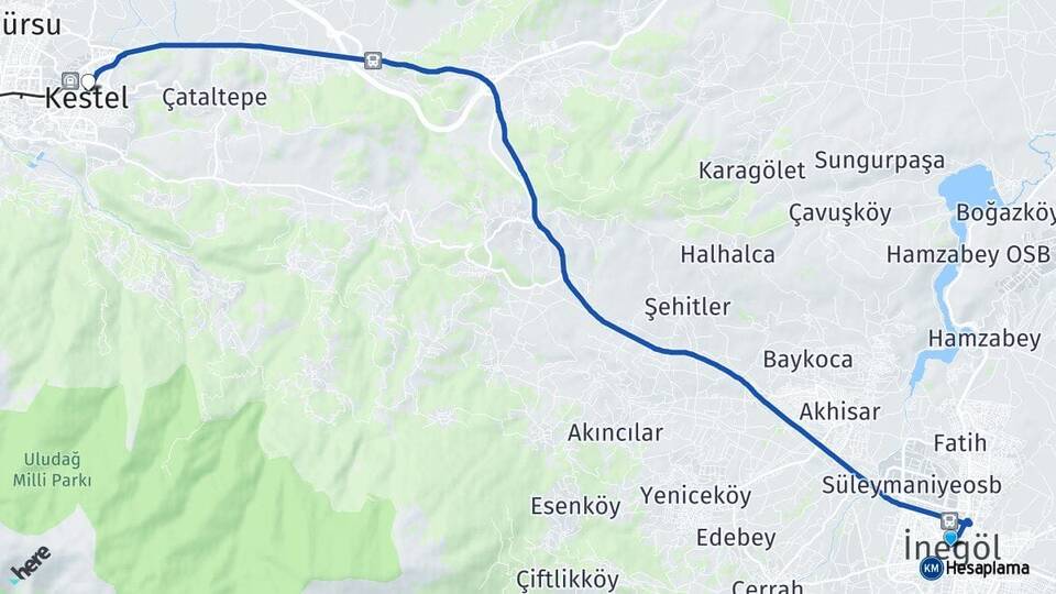 Bursa İnegöl Kestel Arası Kaç Km - Yol Haritası