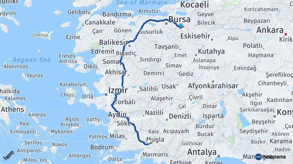 Bursa İnegöl Muğla Arası Kaç Km - Yol Haritası