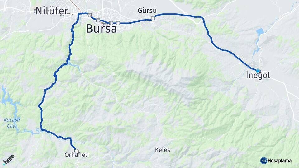 Bursa İnegöl Orhaneli Arası Kaç Km - Yol Haritası
