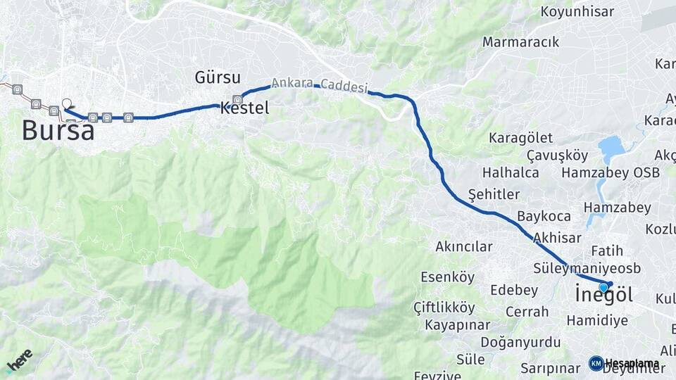 Bursa İnegöl Osmangazi Arası Kaç Km - Yol Haritası