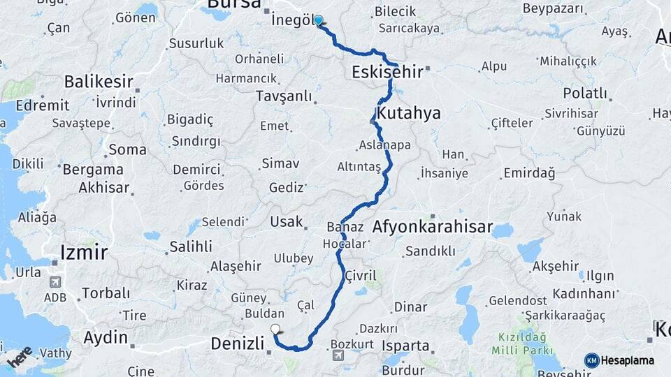 Bursa İnegöl Pamukkale Denizli Arası Kaç Km - Yol Haritası