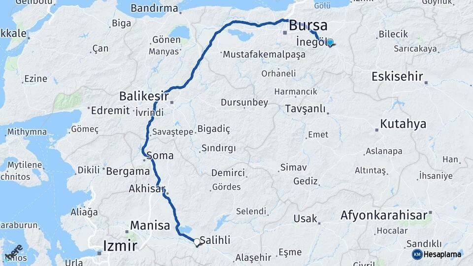 Bursa İnegöl Salihli Manisa Arası Kaç Km - Yol Haritası