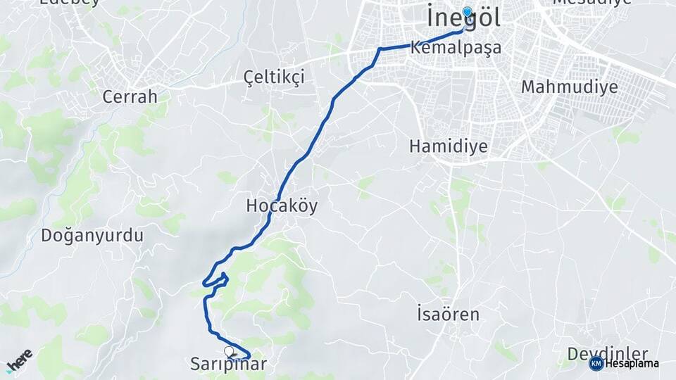 Bursa İnegöl Sarıpınar İnegöl Arası Kaç Km - Yol Haritası