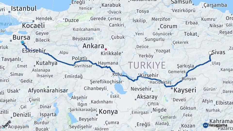 Bursa İnegöl Sivas Arası Kaç Km - Yol Haritası