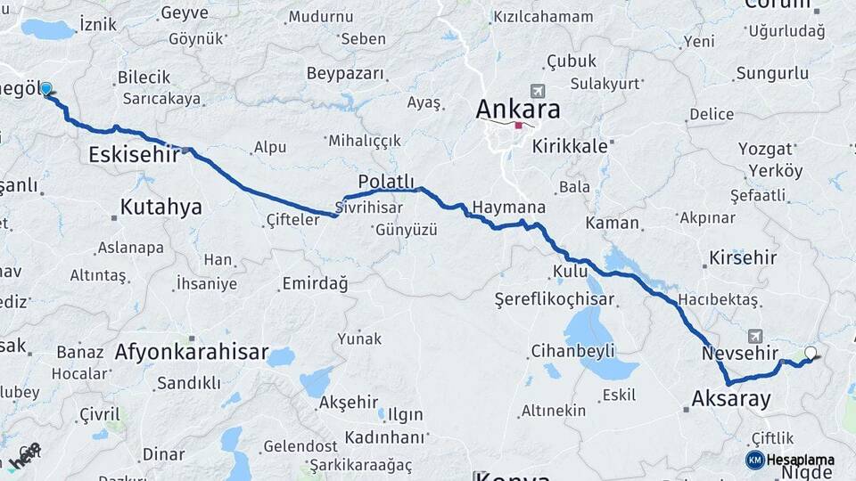 Bursa İnegöl Ürgüp Nevşehir Arası Kaç Km - Yol Haritası