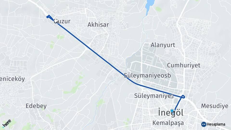 Bursa İnegöl Yeniceköy İnegöl Arası Kaç Km - Yol Haritası