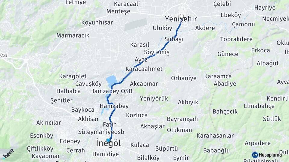 Bursa İnegöl Yenişehir Arası Kaç Km - Yol Haritası