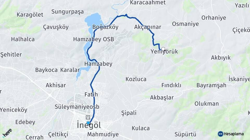Bursa İnegöl Yeniyörük İnegöl Arası Kaç Km - Yol Haritası