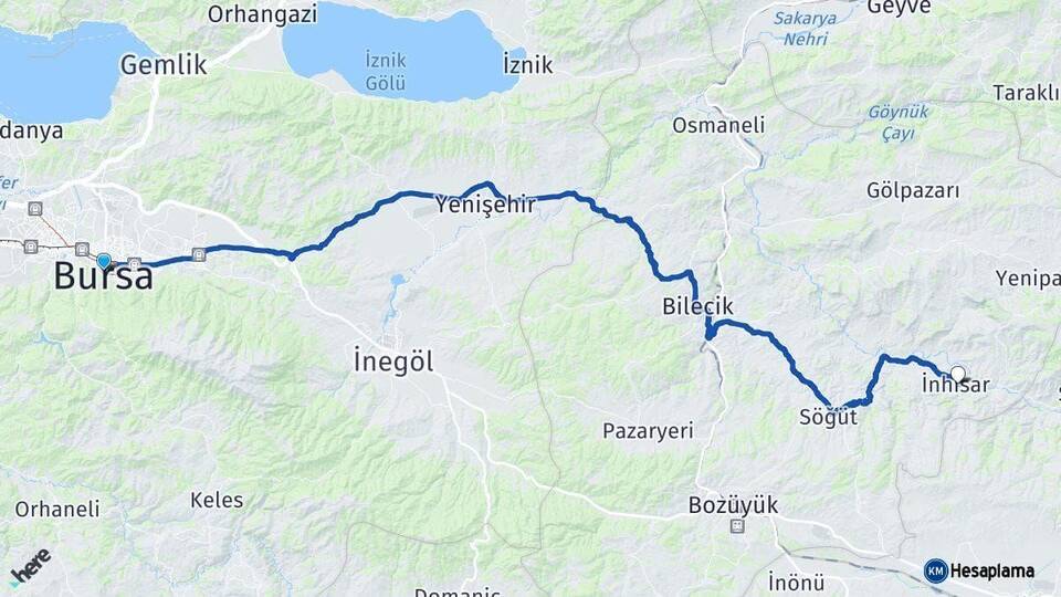 Bursa İnhisar Bilecik Arası Kaç Km - Yol Haritası