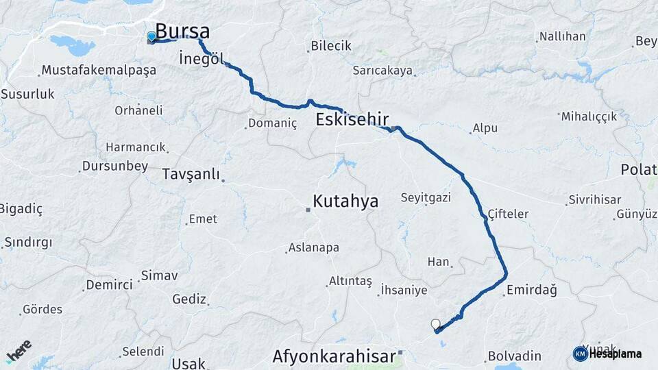 Bursa İscehisar Afyonkarahisar Arası Kaç Km - Yol Haritası