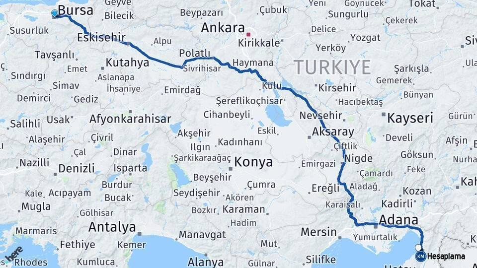 Bursa İskenderun Hatay Arası Kaç Km - Yol Haritası