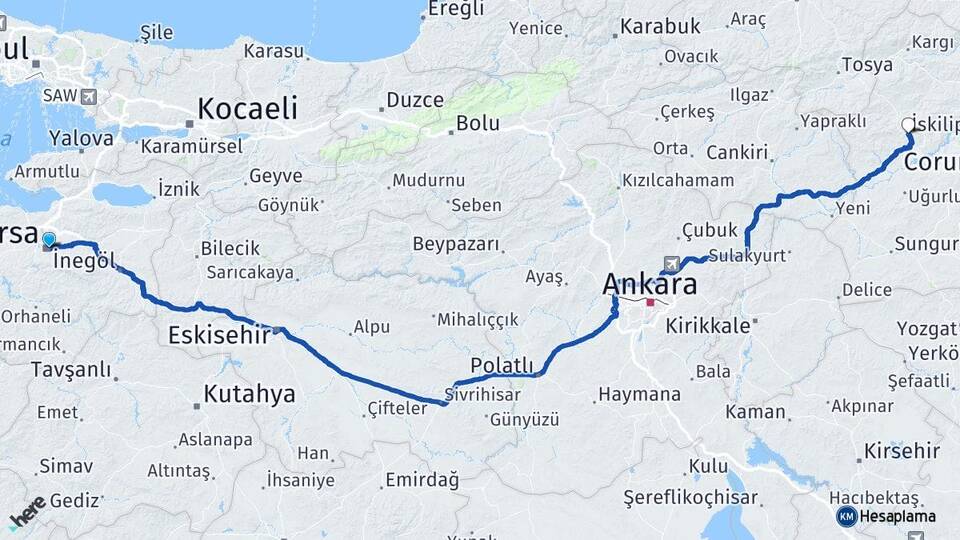 Bursa İskilip Çorum Arası Kaç Km - Yol Haritası