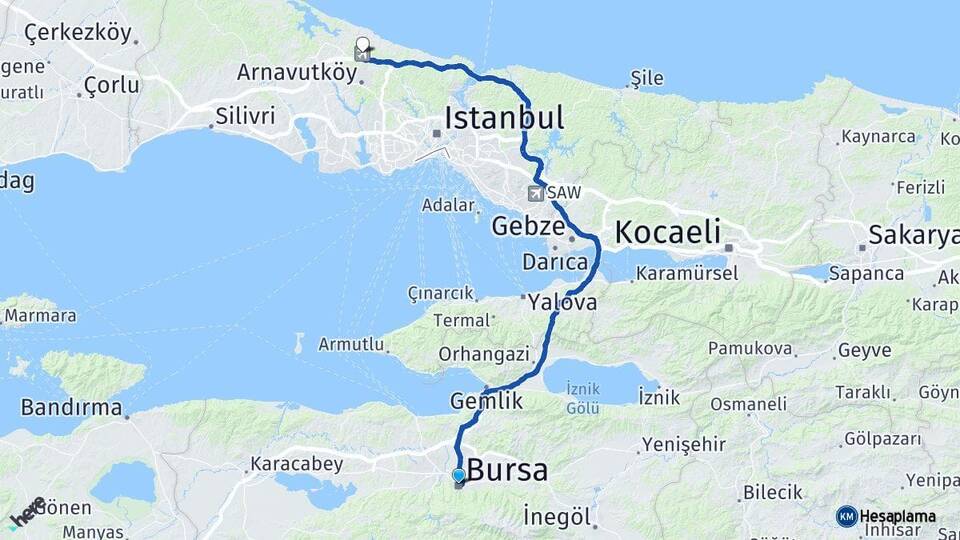 Bursa İstanbul Havalimanı Arası Kaç Km - Yol Haritası