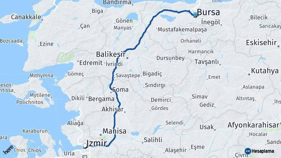 Bursa İzmir Arası Kaç Km - Yol Haritası