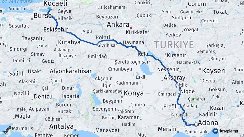 Bursa İznik Adana Arası Kaç Km - Yol Haritası