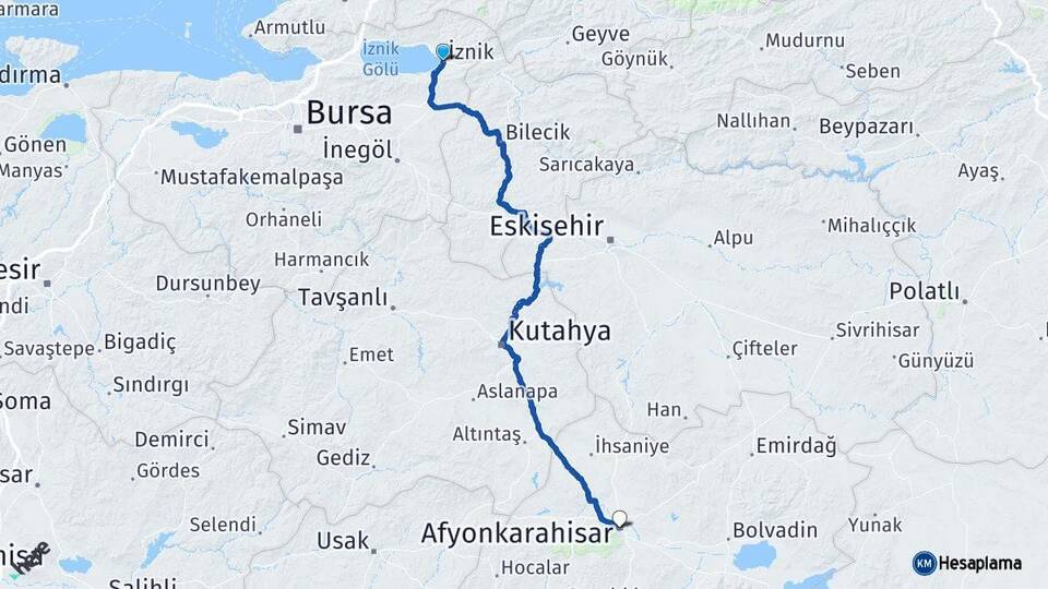 Bursa İznik Afyonkarahisar Arası Kaç Km - Yol Haritası
