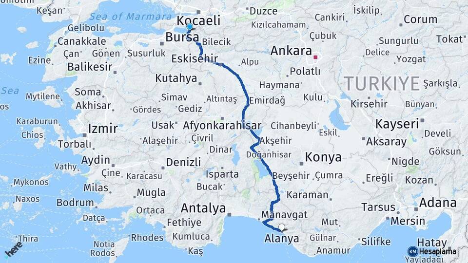 Bursa İznik Alanya Antalya Arası Kaç Km - Yol Haritası