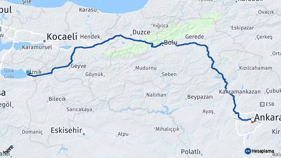 Bursa İznik Ankara Arası Kaç Km - Yol Haritası