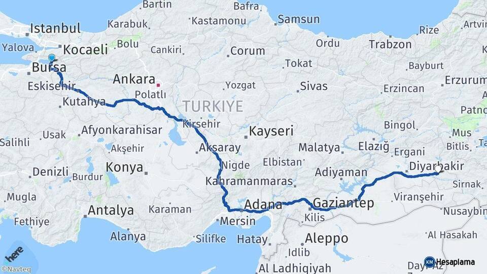Bursa İznik Batman Arası Kaç Km - Yol Haritası