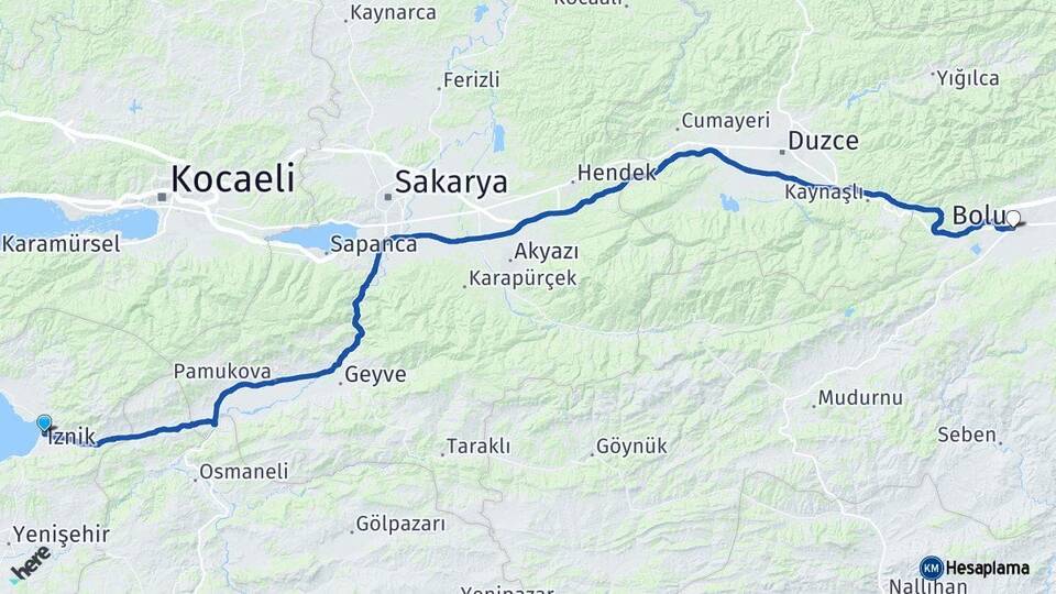 Bursa İznik Bolu Arası Kaç Km - Yol Haritası