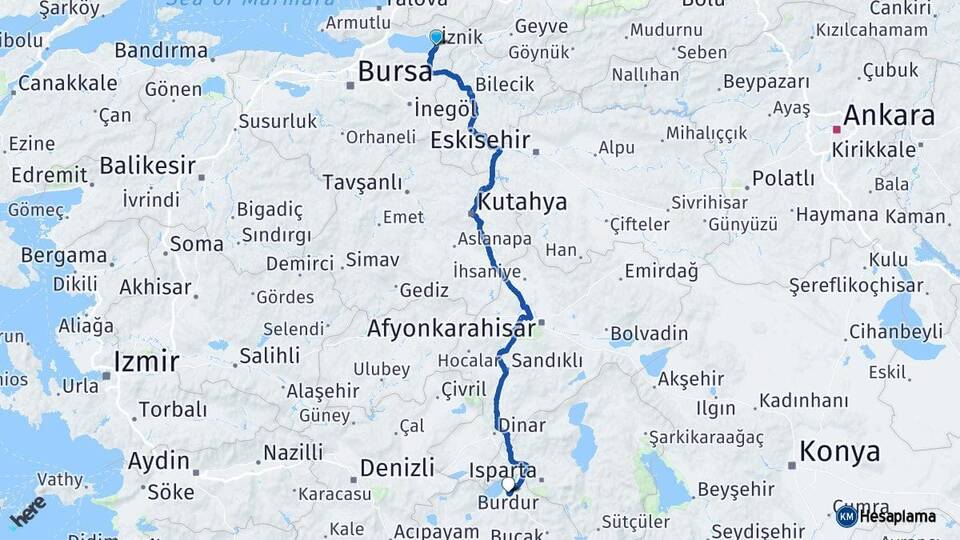 Bursa İznik Burdur Arası Kaç Km - Yol Haritası