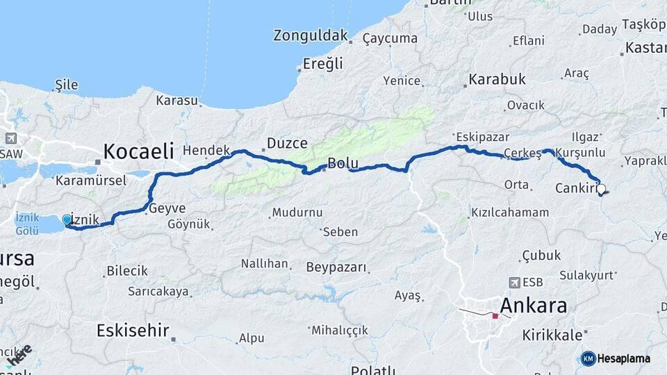 Bursa İznik Çankırı Arası Kaç Km - Yol Haritası