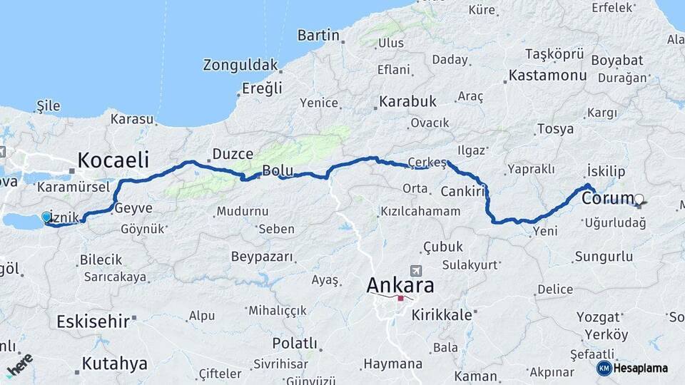 Bursa İznik Çorum Arası Kaç Km - Yol Haritası