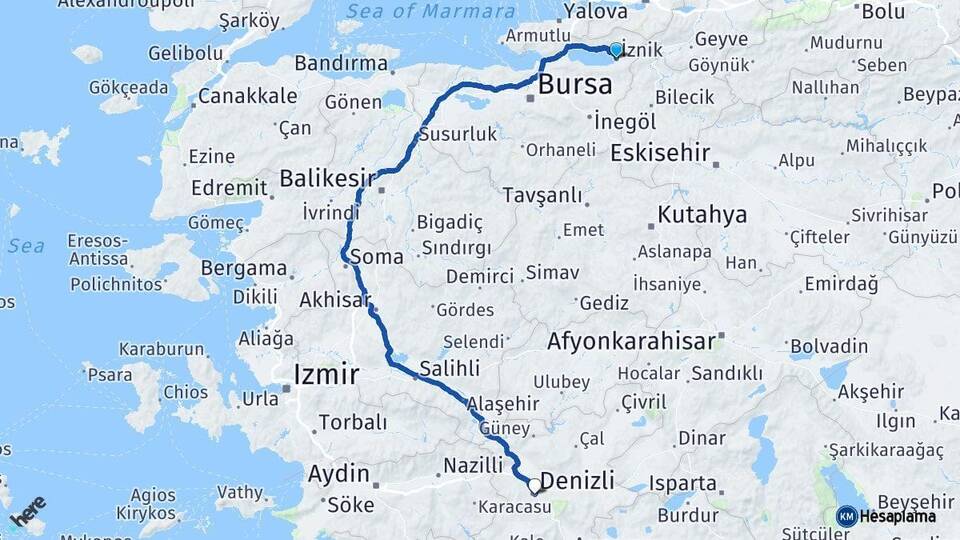 Bursa İznik Denizli Arası Kaç Km - Yol Haritası