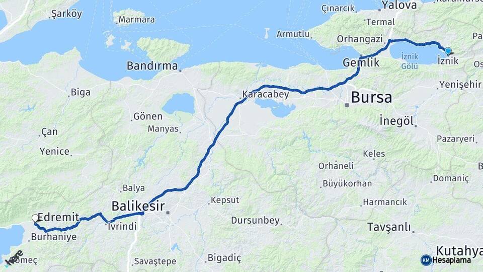 Bursa İznik Edremit Balıkesir Arası Kaç Km - Yol Haritası