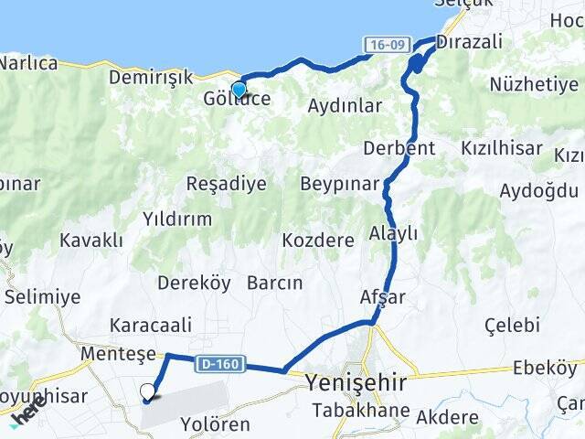 Göllüce Yenişehir Havalimanı Arası Kaç Km - Yol Tarifi