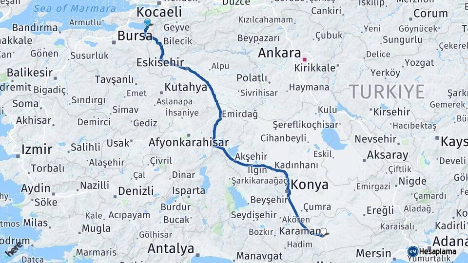 Bursa İznik Karaman Arası Kaç Km - Yol Haritası