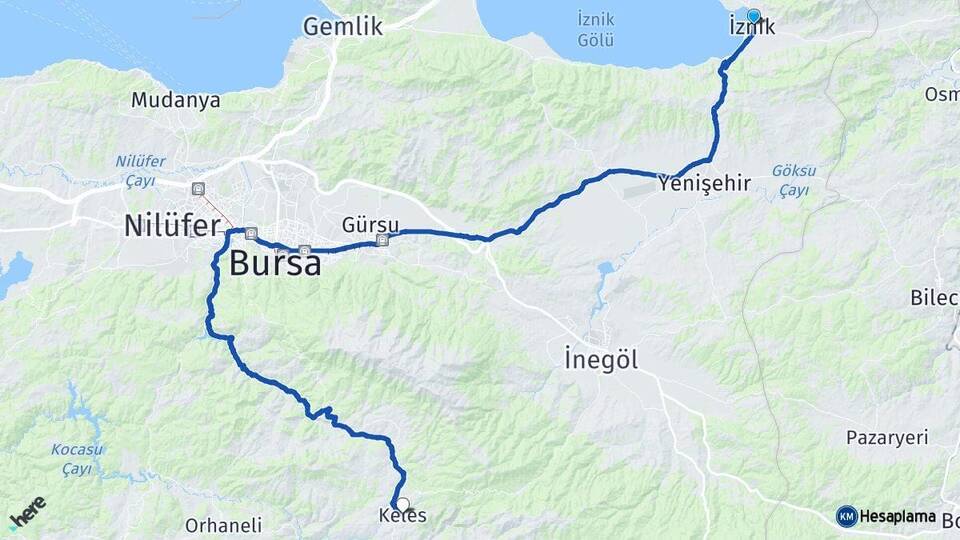 Bursa İznik Keles Arası Kaç Km - Yol Haritası