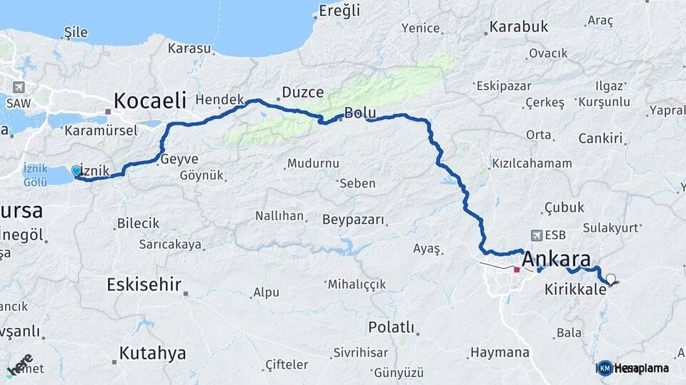 Bursa İznik Kırıkkale Arası Kaç Km - Yol Haritası