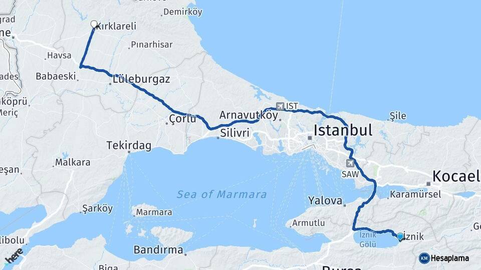 Bursa İznik Kırklareli Arası Kaç Km - Yol Haritası