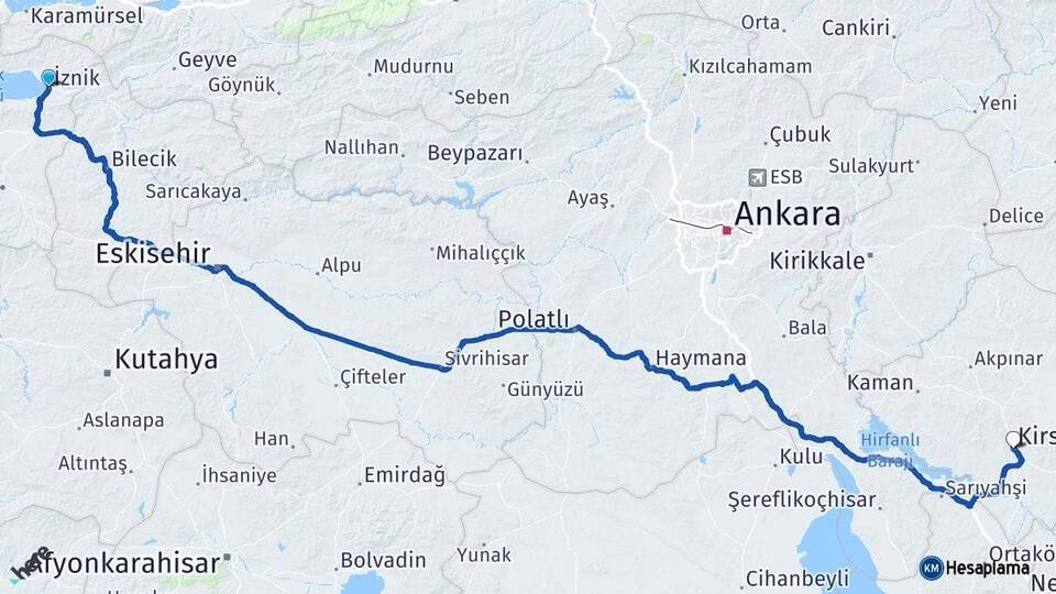 Bursa İznik Kırşehir Arası Kaç Km - Yol Haritası