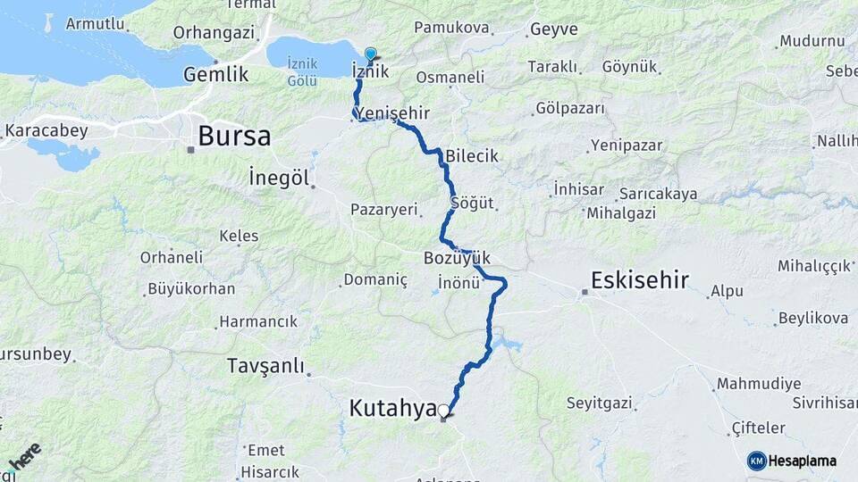 Bursa İznik Kütahya Arası Kaç Km - Yol Haritası