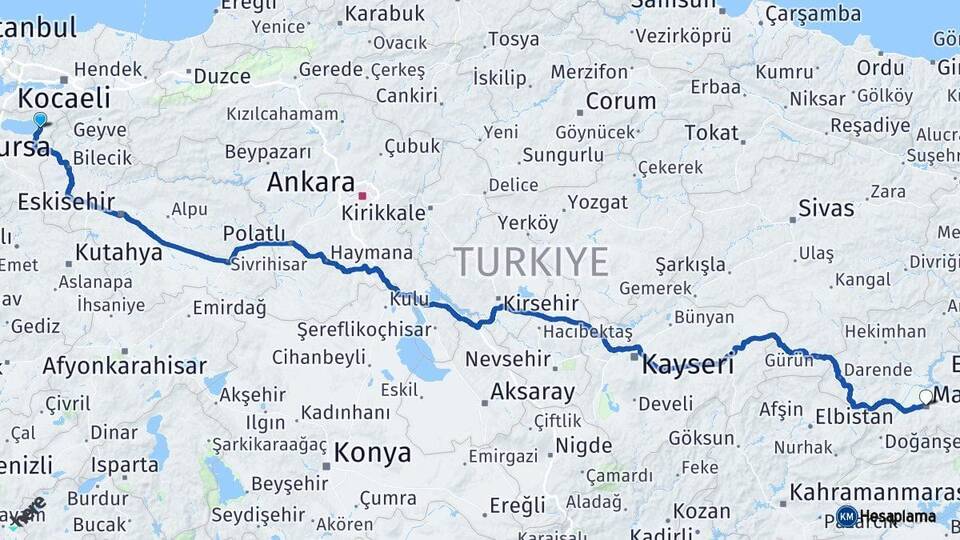 Bursa İznik Malatya Arası Kaç Km - Yol Haritası