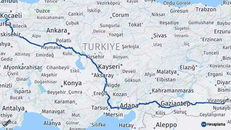 Bursa İznik Mardin Arası Kaç Km - Yol Haritası