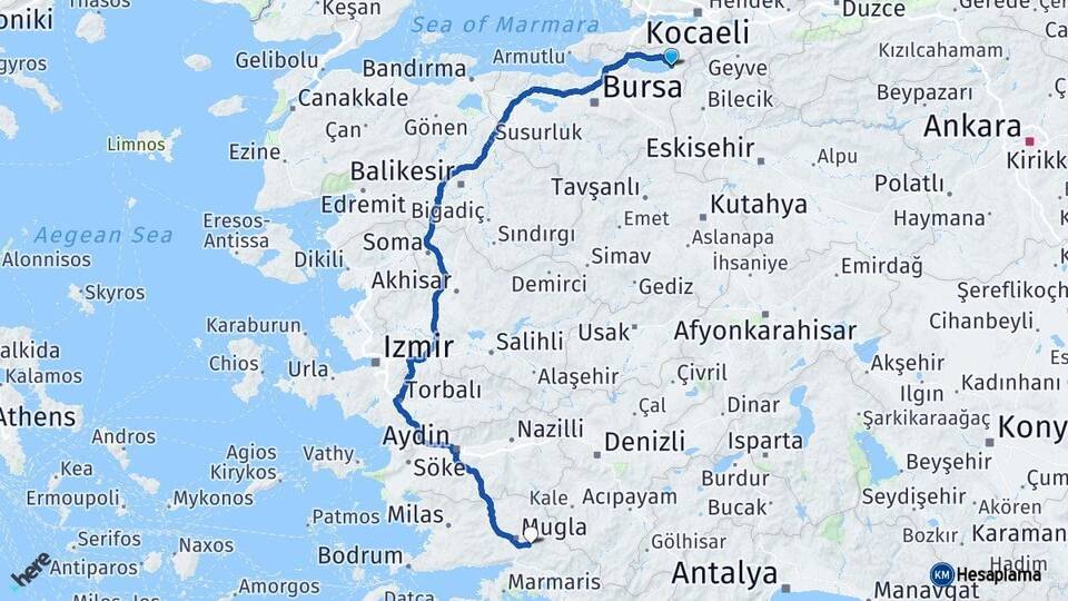Bursa İznik Muğla Arası Kaç Km - Yol Haritası