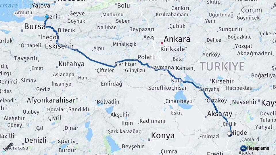 Bursa İznik Niğde Arası Kaç Km - Yol Haritası