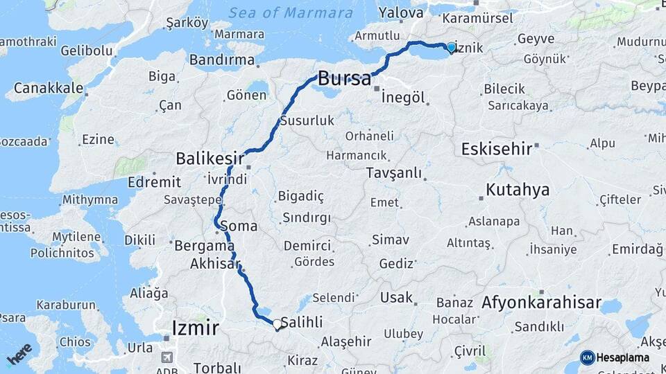 Bursa İznik Salihli Manisa Arası Kaç Km - Yol Haritası