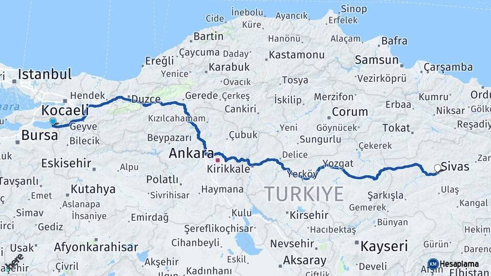 Bursa İznik Sivas Arası Kaç Km - Yol Haritası
