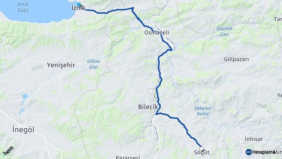 Bursa İznik Söğüt Bilecik Arası Kaç Km - Yol Haritası