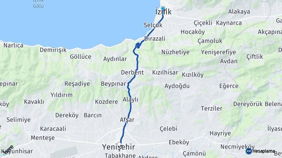 Bursa İznik Yenişehir Arası Kaç Km - Yol Haritası