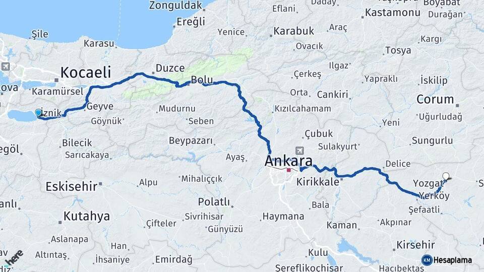 Bursa İznik Yozgat Arası Kaç Km - Yol Haritası